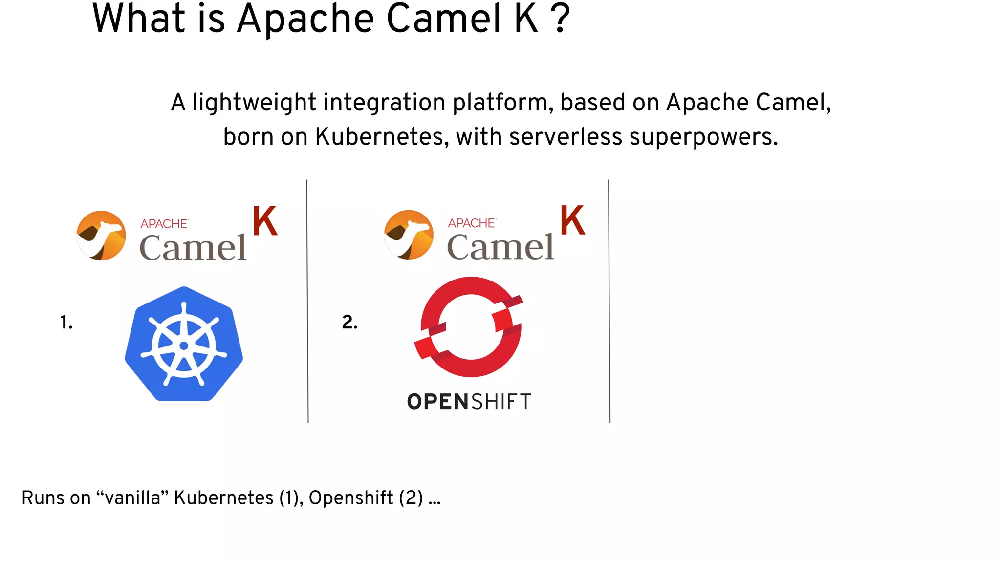 A lightweight integration platform, based on Apache Camel,
born on Kubernetes, with serverless superpowers.
What is Apache Camel K ?
Runs on “vanilla” Kubernetes (1), Openshift (2) ...
K
1.
K
2.
 