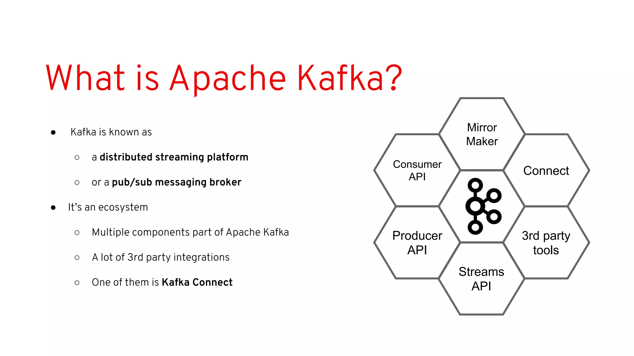 What is Apache Kafka?
● Kafka is known as
○ a distributed streaming platform
○ or a pub/sub messaging broker
● It’s an ecosystem
○ Multiple components part of Apache Kafka
○ A lot of 3rd party integrations
○ One of them is Kafka Connect
Streams
API
Producer
API
Consumer
API
3rd party
tools
Mirror
Maker
Connect
 