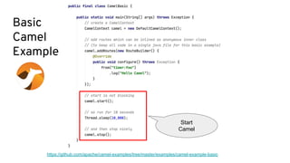 Basic
Camel
Example
https://github.com/apache/camel-examples/tree/master/examples/camel-example-basic
Start
Camel
 
