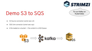 Demo S3 to SQS
● S3 Source connector (camel-aws-s3)
● SQS Sink connector (camel-aws-sqs)
● A ﬁle loaded on a bucket -> ﬁle content in a SQS Queue
To run Kafka on
Kubernetes
SQS
 