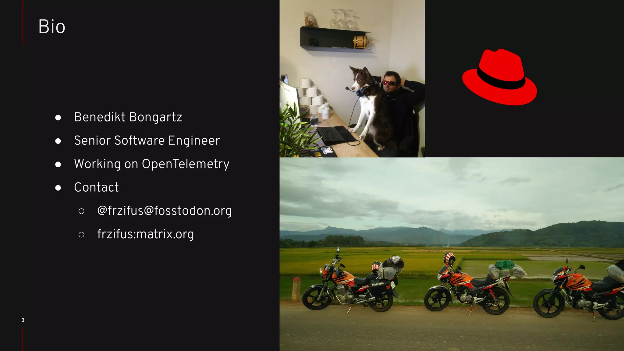 3
● Benedikt Bongartz
● Senior Software Engineer
● Working on OpenTelemetry
● Contact
○ @frzifus@fosstodon.org
○ frzifus:matrix.org
Bio
 