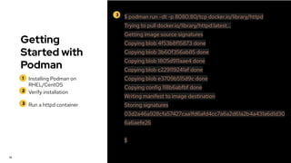 Getting
Started with
Podman
1
2
Installing Podman on
RHEL/CentOS
Verify installation
18
3 $ podman run -dt -p 8080:80/tcp docker.io/library/httpd
Trying to pull docker.io/library/httpd:latest...
Getting image source signatures
Copying blob 4f53b8f15873 done
Copying blob 3b60f356ab85 done
Copying blob 1805d911aae4 done
Copying blob c229119241af done
Copying blob e3709b515d9c done
Copying config 118b6abfbf done
Writing manifest to image destination
Storing signatures
03d2a46a928cfa57427caa1fd6afd4cc7a6a2d61a2b4a431a6d1d30
6a6aefe26
$
3 Run a httpd container
 