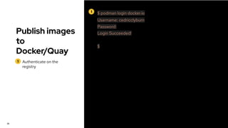 Publish images
to
Docker/Quay
1 Authenticate on the
registry
26
1 $ podman login docker.io
Username: cedricclyburn
Password:
Login Succeeded!
$
 