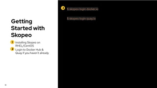 Getting
Started with
Skopeo
1
2
Installing Skopeo on
RHEL/CentOS
Login to Docker Hub &
Quay if you haven’t already
30
2 $ skopeo login docker.io
$ skopeo login quay.io
 