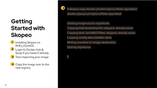 Getting
Started with
Skopeo
1
2
Installing Skopeo on
RHEL/CentOS
Login to Docker Hub &
Quay if you haven’t already
32
4 $ skopeo copy docker://cedricclyburn/flask-app:latest
docker://quay.io/cclyburn/flask-app:latest
Getting image source signatures
Copying blob 8cae0e1ac61c skipped: already exists
Copying blob 3ac9880798ec skipped: already exists
Copying config a6bc29a90c done
Writing manifest to image destination
Storing signatures
$
3 Test inspecting your image
4 Copy the image over to the
new registry
 