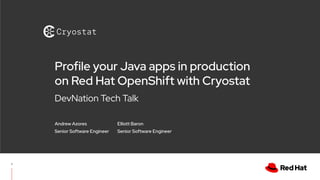 DevNation Tech Talk
Profile your Java apps in production
on Red Hat OpenShift with Cryostat
Andrew Azores
Senior Software Engineer
Elliott Baron
Senior Software Engineer
1
 