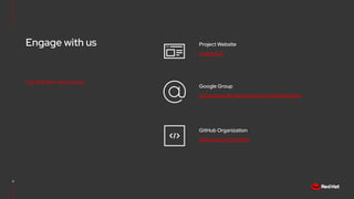 Engage with us
11
Upstream resources
cryostat.io
Project Website
groups.google.com/g/cryostat-development
Google Group
github.com/cryostatio
GitHub Organization
 
