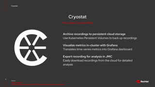 Cryostat
Archive recordings to persistent cloud storage
Use Kubernetes Persistent Volumes to back up recordings
Visualize metrics in-cluster with Grafana
Translates time-series metrics into Grafana dashboard
Export recording for analysis in JMC
Easily download recordings from the cloud for detailed
analysis
6
Source:
https://cryostat.io/
https://developers.redhat.com/articles/2021/11/09/automating-jdk-flight-recorder-containers
Cryostat
How does Cryostat help
 