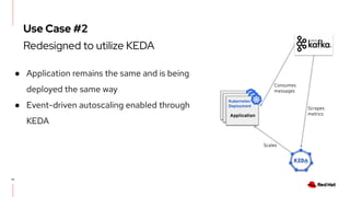 17
● Application remains the same and is being
deployed the same way
● Event-driven autoscaling enabled through
KEDA
Scales
Kubernetes
Deployment
Application
Consumes
messages
Scrapes
metrics
Kubernetes
Deployment
Application
Kubernetes
Deployment
Application
Use Case #2
Redesigned to utilize KEDA
 