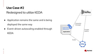17
● Application remains the same and is being
deployed the same way
● Event-driven autoscaling enabled through
KEDA
Scale...