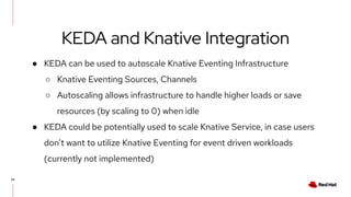 23
● KEDA can be used to autoscale Knative Eventing Infrastructure
○ Knative Eventing Sources, Channels
○ Autoscaling allo...