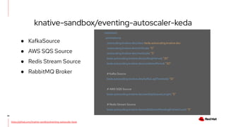 26
knative-sandbox/eventing-autoscaler-keda
metadata:
annotations:
autoscaling.knative.dev/class: keda.autoscaling.knative...