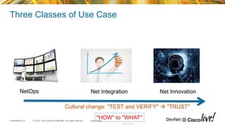 © 2014 Cisco and/or its affiliates. All rights reserved.Presentation_ID Cisco Public DevNet @
Three Classes of Use Case
Cisco Confidential
NetOps Net Integration Net Innovation
"HOW" to "WHAT"
Cultural change: "TEST and VERIFY"  "TRUST"
 