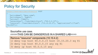 © 2014 Cisco and/or its affiliates. All rights reserved.Presentation_ID Cisco Public DevNet @
Policy for Security
https://test-apic/api/v0/policy POST
{
"policyName": "deny_some",
"policyOwner": "Admin",
"actions": ["DENY"],
"networkUser": {"userIdentifiers": ["40.0.0.15"]},
"resource": {"userIdentifiers": ["10.10.20.3"], "applications":[{"raw":
"81;TCP"}]}
}
Cisco Confidential
Sourcefire use case.
<<<<<THIS CAN BE DANGEROUS IN A SHARED LAB>>>>
Remove "resource" components (10.10.4.2)
1) deny tcp host 40.0.0.15 host 10.10.20.3 eq 81
2) deny tcp host 40.0.0.15 any eq 81
3) deny ip host 40.0.0.15 any
 