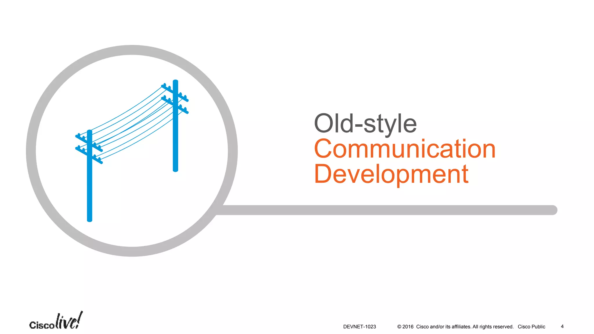 © 2016 Cisco and/or its affiliates. All rights reserved. Cisco Public
Old-style
Communication
Development
4DEVNET-1023
 