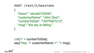 © 2016 Cisco and/or its affiliates. All rights reserved. Cisco Public
call('+' + numberToDial);
say("Hey, "+ customerName +": "+ msg);
POST /rest/1/Sessions
{
"token": "abcdef123456",
"customerName": "John Dyer",
"numberToDial": "14075551212",
"msg": "the sky is falling."
}
25DEVNET-1023
 