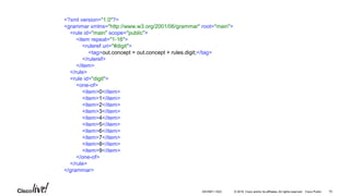 © 2016 Cisco and/or its affiliates. All rights reserved. Cisco Public
<?xml version="1.0"?>
<grammar xmlns="http://www.w3.org/2001/06/grammar" root="main">
<rule id="main" scope="public">
<item repeat="1-16">
<ruleref uri="#digit">
<tag>out.concept = out.concept + rules.digit;</tag>
</ruleref>
</item>
</rule>
<rule id="digit">
<one-of>
<item>0</item>
<item>1</item>
<item>2</item>
<item>3</item>
<item>4</item>
<item>5</item>
<item>6</item>
<item>7</item>
<item>8</item>
<item>9</item>
</one-of>
</rule>
</grammar>
70DEVNET-1023
 