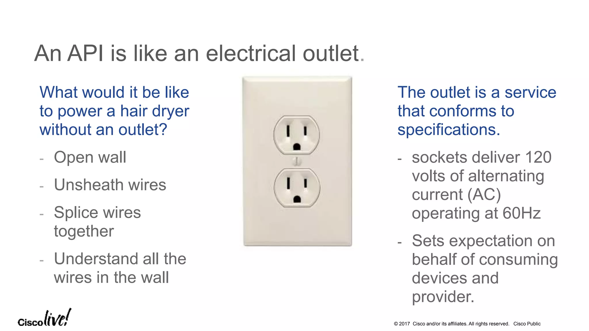 © 2017 Cisco and/or its affiliates. All rights reserved. Cisco Public
An API is like an electrical outlet.
What would it be like
to power a hair dryer
without an outlet?
- Open wall
- Unsheath wires
- Splice wires
together
- Understand all the
wires in the wall
The outlet is a service
that conforms to
specifications.
- sockets deliver 120
volts of alternating
current (AC)
operating at 60Hz
- Sets expectation on
behalf of consuming
devices and
provider.
 