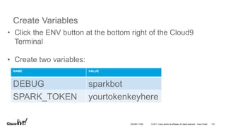 © 2017 Cisco and/or its affiliates. All rights reserved. Cisco Public
Create Variables
• Click the ENV button at the bottom right of the Cloud9
Terminal
• Create two variables:
NAME VALUE
DEBUG sparkbot
SPARK_TOKEN yourtokenkeyhere
DEVNET-1056 104
 