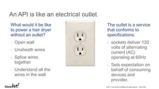 © 2017 Cisco and/or its affiliates. All rights reserved. Cisco Public
An API is like an electrical outlet.
What would it be like
to power a hair dryer
without an outlet?
- Open wall
- Unsheath wires
- Splice wires
together
- Understand all the
wires in the wall
The outlet is a service
that conforms to
specifications.
- sockets deliver 120
volts of alternating
current (AC)
operating at 60Hz
- Sets expectation on
behalf of consuming
devices and
provider.
 