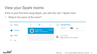 © 2017 Cisco and/or its affiliates. All rights reserved. Cisco Public
View your Spark rooms
If this is your first time using Spark, you will only see 1 Spark room
1. What is the name of the room?
39DEVNET-1056
 