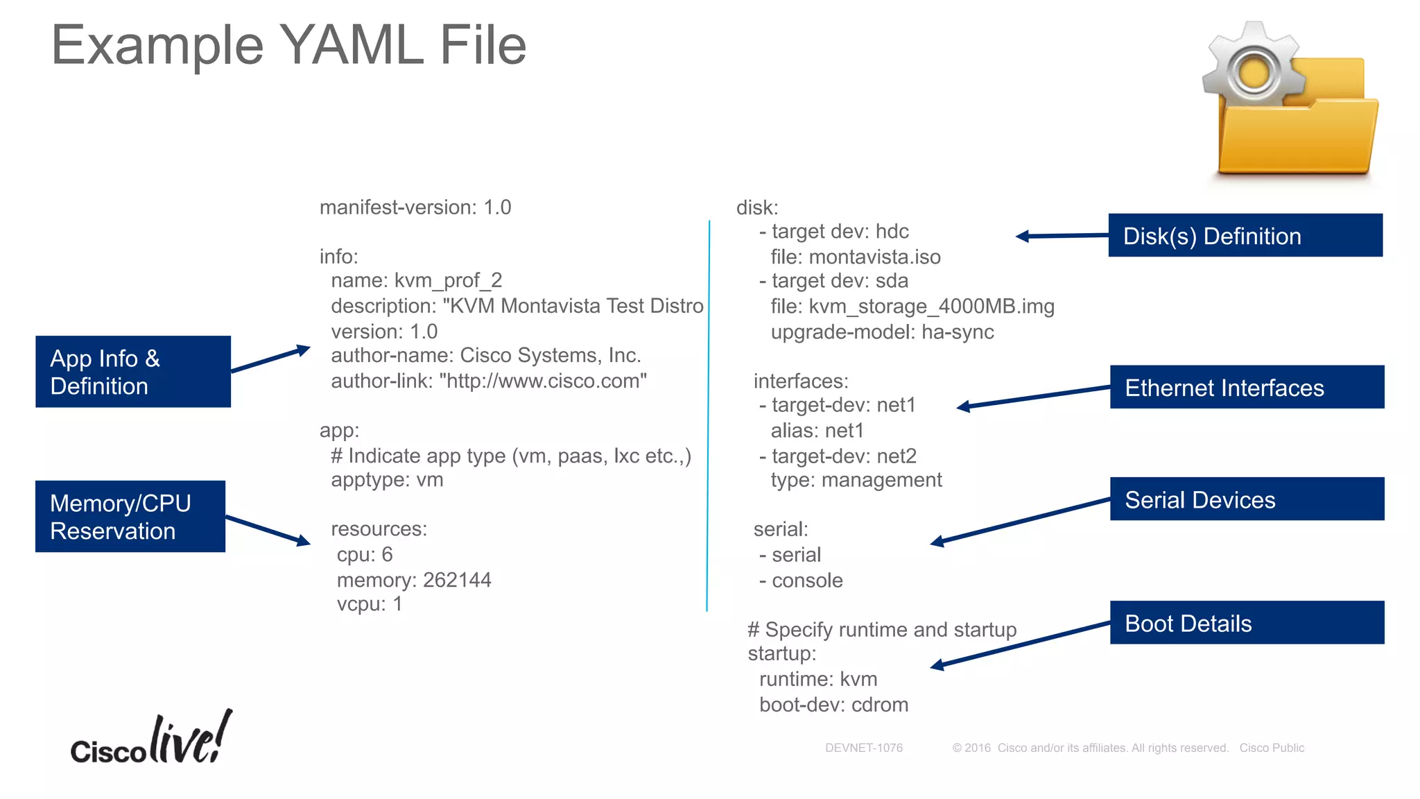 © 2016 Cisco and/or its affiliates. All rights reserved. Cisco PublicDEVNET-1076
Example YAML File
disk:
- target dev: hdc
file: montavista.iso
- target dev: sda
file: kvm_storage_4000MB.img
upgrade-model: ha-sync
interfaces:
- target-dev: net1
alias: net1
- target-dev: net2
type: management
serial:
- serial
- console
# Specify runtime and startup
startup:
runtime: kvm
boot-dev: cdrom
manifest-version: 1.0
info:
name: kvm_prof_2
description: "KVM Montavista Test Distro
version: 1.0
author-name: Cisco Systems, Inc.
author-link: "http://www.cisco.com"
app:
# Indicate app type (vm, paas, lxc etc.,)
apptype: vm
resources:
cpu: 6
memory: 262144
vcpu: 1
App Info &
Definition
Memory/CPU
Reservation
Disk(s) Definition
Ethernet Interfaces
Serial Devices
Boot Details
 