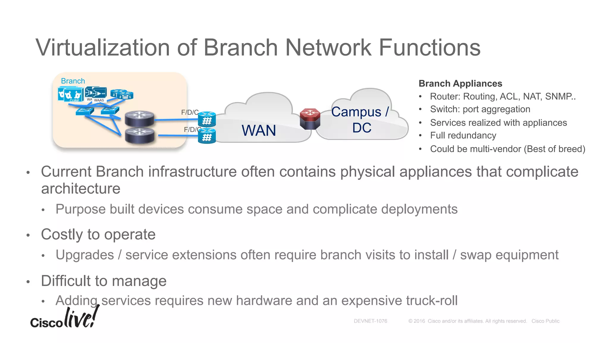 © 2016 Cisco and/or its affiliates. All rights reserved. Cisco PublicDEVNET-1076
•  Current Branch infrastructure often contains physical appliances that complicate
architecture
•  Purpose built devices consume space and complicate deployments
•  Costly to operate
•  Upgrades / service extensions often require branch visits to install / swap equipment
•  Difficult to manage
•  Adding services requires new hardware and an expensive truck-roll
Virtualization of Branch Network Functions
WAN
Campus /
DC
Branch
CUBECUBE
Branch Appliances
•  Router: Routing, ACL, NAT, SNMP..
•  Switch: port aggregation
•  Services realized with appliances
•  Full redundancy
•  Could be multi-vendor (Best of breed)
F/D/C
F/D/C
 
