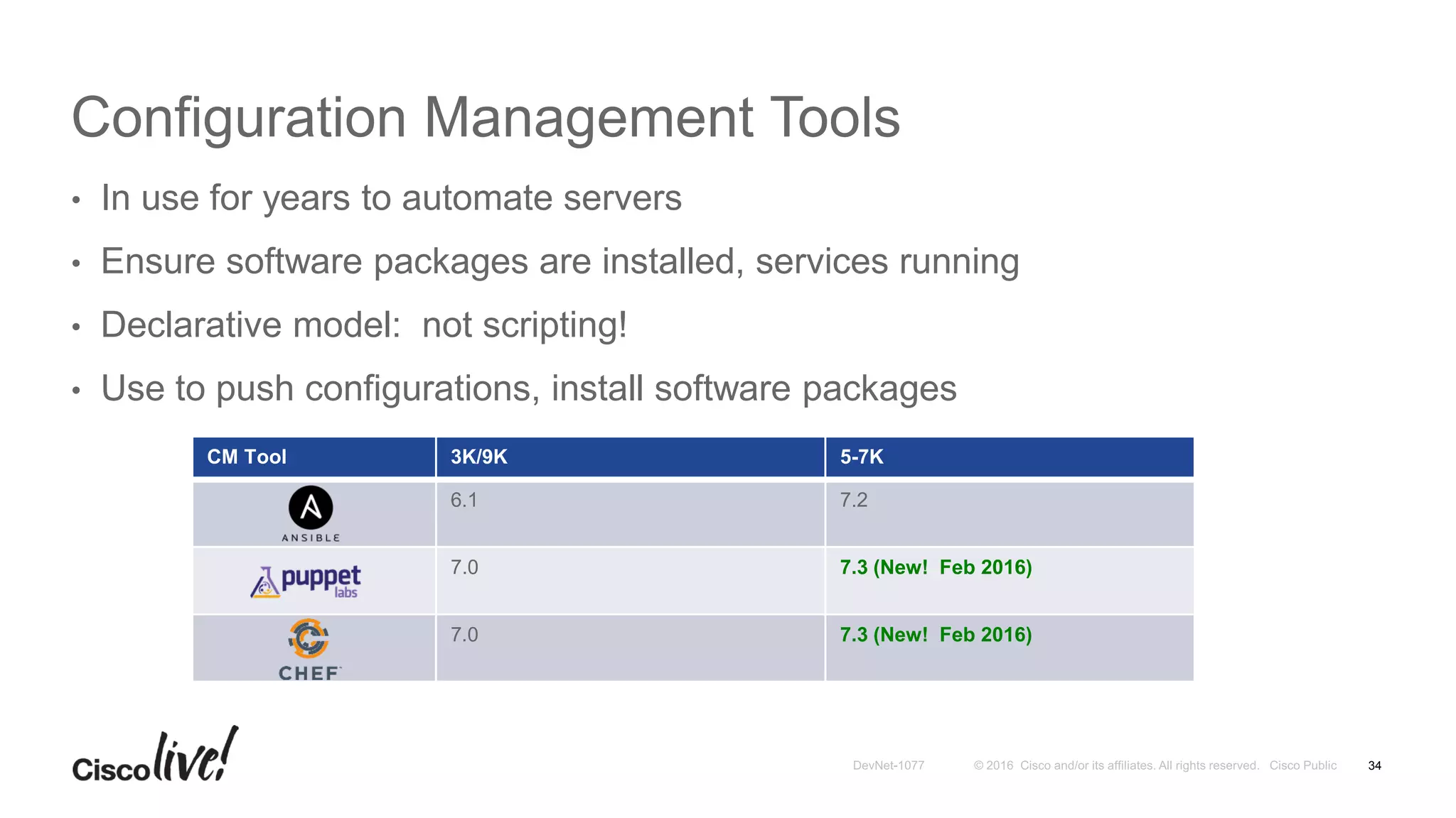 Configuration Management Tools
• In use for years to automate servers
• Ensure software packages are installed, services running
• Declarative model: not scripting!
• Use to push configurations, install software packages
34
CM Tool 3K/9K 5-7K
6.1 7.2
7.0 7.3 (New! Feb 2016)
7.0 7.3 (New! Feb 2016)
 