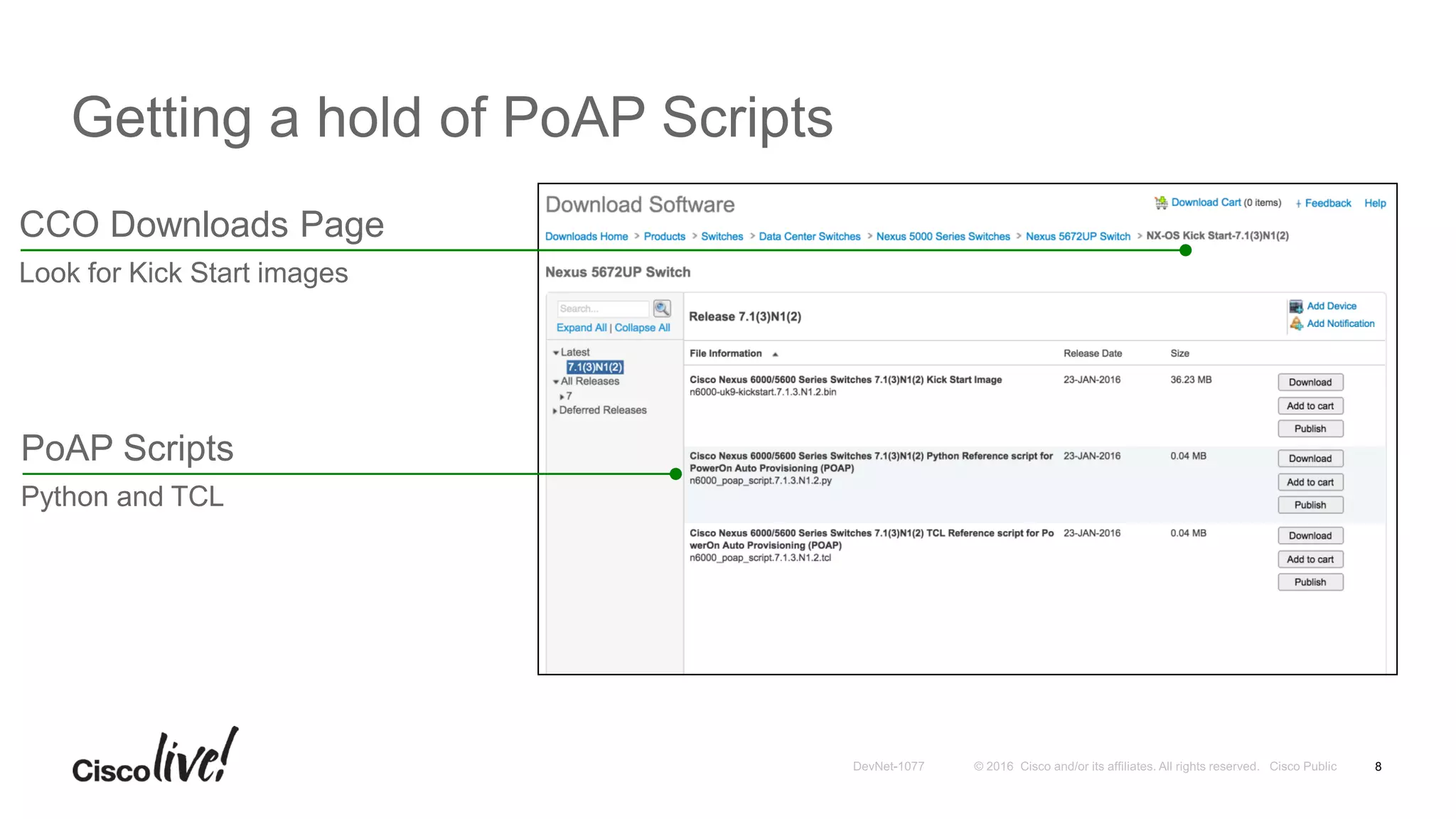 Getting a hold of PoAP Scripts
8
CCO Downloads Page
Look for Kick Start images
PoAP Scripts
Python and TCL
 