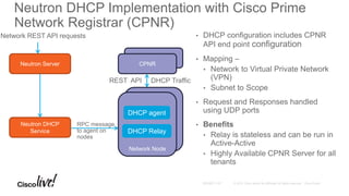 CPNR
Neutron DHCP Implementation with Cisco Prime
Network Registrar (CPNR)
Neutron Server
Neutron DHCP
Service
Network REST API requests
Compute Node
Network Node
DHCP Relay
CPNR
• DHCP configuration includes CPNR
API end point configuration
• Mapping –
• Network to Virtual Private Network
(VPN)
• Subnet to Scope
• Request and Responses handled
using UDP ports
• Benefits
• Relay is stateless and can be run in
Active-Active
• Highly Available CPNR Server for all
tenants
REST API DHCP Traffic
RPC message
to agent on
nodes
DHCP agent
 