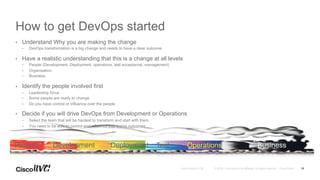 © 2016 Cisco and/or its affiliates. All rights reserved. Cisco PublicAndy Boden [1176]
How to get DevOps started
•  Understand Why you are making the change
•  DevOps transformation is a big change and needs to have a clear outcome
•  Have a realistic understanding that this is a change at all levels
•  People (Development, Deployment, operations, test acceptance, management)
•  Organisation
•  Business
•  Identify the people involved first
•  Leadership Drive
•  Some people are ready to change
•  Do you have control or influence over the people
•  Decide if you will drive DevOps from Development or Operations
•  Select the team that will be hardest to transform and start with them
•  You need to be able to control and influence that teams outcomes
18
Product Development Deployment Test Operations Business
 