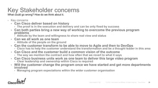 © 2016 Cisco and/or its affiliates. All rights reserved. Cisco PublicAndy Boden [1176]
Key Stakeholder concerns
What could go wrong? How do we think about it.
•  Key concerns
•  Can Cisco deliver based on history
•  The proof is in the execution and delivery and can be only fixed by success
•  Can both parties bring a new way of working to overcome the previous program
problems
•  Attitude by the team and willingness to share real view and status
•  Can we all work as one team
•  Attitude of the people on the ground
•  Can the customer transform to be able to move to Agile and then to DevOps
•  Cisco has to help the customer understand the transformation and be a thought leader in this area
•  Can Cisco and the customer build a common vision of the outcome
•  The way we mention the contract and how often that we revert to what it says
•  Can Cisco business units work as one team to deliver this large video program
•  Clear leadership and ownership within Cisco is required
•  Will the customer change the program once we have started and get more departments
involved
•  Managing program expectations within the wider customer organisation
23
 