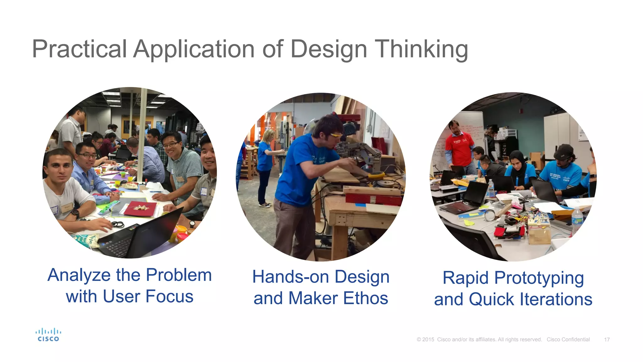 17© 2015 Cisco and/or its affiliates. All rights reserved. Cisco Confidential
Practical Application of Design Thinking
Rapid Prototyping
and Quick Iterations
Hands-on Design
and Maker Ethos
Analyze the Problem
with User Focus
 