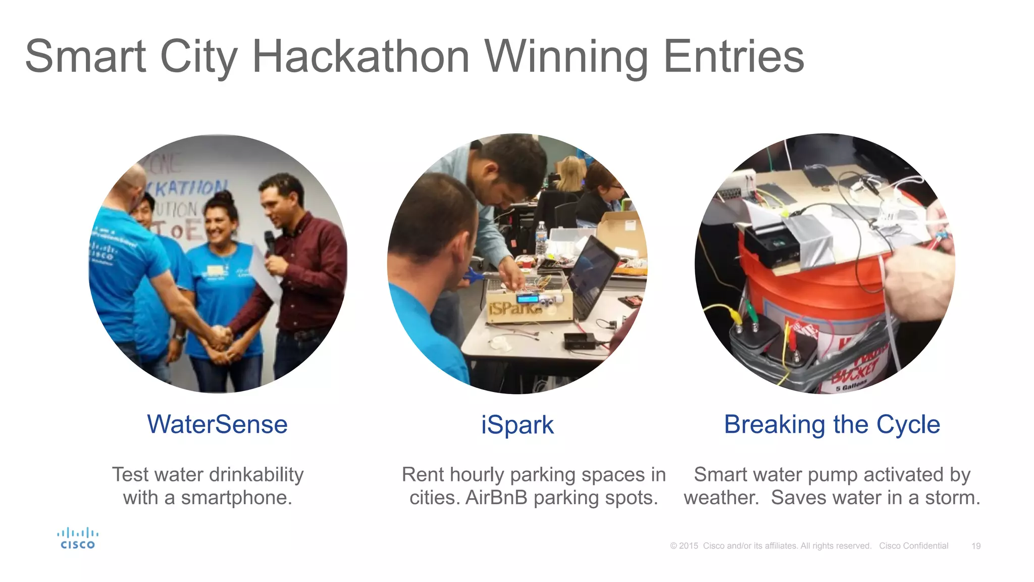 19© 2015 Cisco and/or its affiliates. All rights reserved. Cisco Confidential
WaterSense
Smart City Hackathon Winning Entries
Submissions
iSpark Breaking the Cycle
Test water drinkability
with a smartphone.
Rent hourly parking spaces in
cities. AirBnB parking spots.
Smart water pump activated by
weather. Saves water in a storm.
 