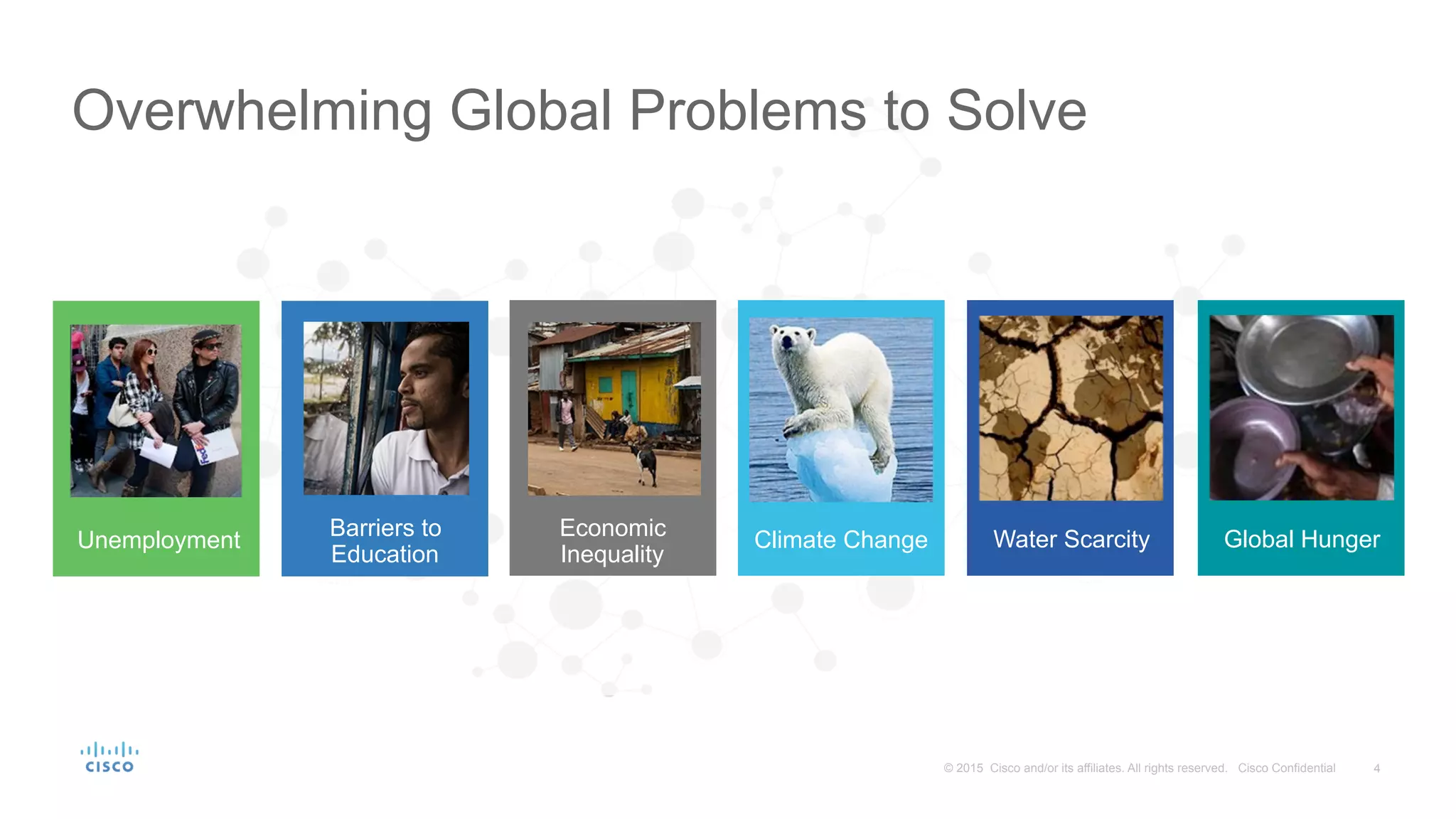 4© 2015 Cisco and/or its affiliates. All rights reserved. Cisco Confidential
Overwhelming Global Problems to Solve
Unemployment
Barriers to
Education
Economic
Inequality
Climate Change Global HungerWater Scarcity
 
