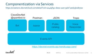 © 2018 Cisco and/or its affiliates. All rights reserved. Cisco Public#CLUS DEVNET-1871
Componentization via Services
https://creations.devnetcloud.com/detail?cid=1e4a9f92-deea-11e7-9d2f-aed03b187700
Events API
Bot Admin
Public
catalog
https://devnet-events-api.herokuapp.com/
CiscoDevNet
@sparkbot.io Postman JSON
Voice
Responder
Tropo
24
 