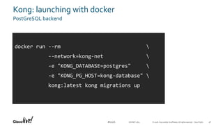 © 2018 Cisco and/or its affiliates. All rights reserved. Cisco Public#CLUS
Kong: launching with docker
PostGreSQL backend
DEVNET-1871
docker run --rm 
--network=kong-net 
-e "KONG_DATABASE=postgres" 
-e "KONG_PG_HOST=kong-database" 
kong:latest kong migrations up
48
 