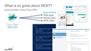 © 2016 Cisco and/or its affiliates. All rights reserved. Cisco Public
Terminology of a REST API query
GET /../repos?page=1 HTTP/1.1 accept: application/json
HTTP 200 OK
browser api.github.com:443
method path protocol
status code
https://api.github.com/users/CiscoDevNet/repos?page=1&per_page=2
headers
URL:
response body
HTTP
request
HTTP
response
api endpoint
JSON payload
parameters
DEVNET-2002 5
 