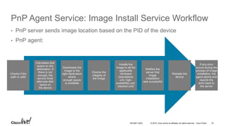 © 2016 Cisco and/or its affiliates. All rights reserved. Cisco Public
PnP Agent Service: Image Install Service Workflow
• PnP server sends image location based on the PID of the device
• PnP agent:
`
Checks if the
path is valid
Calculates disk
space on the
destination. If
there is not
enough, the
service finds
alternate disk
space on
the device
Downloads the
image to the
right destination
where
enough space
is available
Checks the
integrity of
the image
Installs the
image to all the
applicable
hardware
(standalone
unit, high-
availability unit,
stacked unit)
Notifies the
server that
image
installation
was successful
Reloads the
device
If any error
occurs during the
process of image
installation, the
agent aborts and
reports the
error back to
the server
DEVNET-2052 33
 