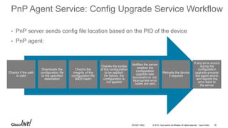 © 2016 Cisco and/or its affiliates. All rights reserved. Cisco Public
PnP Agent Service: Config Upgrade Service Workflow
• PnP server sends config file location based on the PID of the device
• PnP agent:
`Checks if the path
is valid
Downloads the
configuration file
to the specified
destination
Checks the
integrity of the
configuration file
(MD5 hash)
Checks the syntax
of the configuration
to be applied.
On failure, the
configuration is
not applied
Notifies the server
whether the
configuration
upgrade was
successful or not.
Appropriate error
codes are sent
Reloads the device
if required
If any error occurs
during the
configuration
upgrade process
the agent aborts
and reports the
error back to
the server
DEVNET-2052 36
 