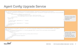 © 2016 Cisco and/or its affiliates. All rights reserved. Cisco Public
Agent Config Upgrade Service
`
<pnp udi="PID:CISCO3945-CHASSIS,VID:V02,SN:FTX1503AH3V" version="1.0" xmlns="urn:cisco:pnp">
<response correlator="CiscoPnPPro-1.0-config_upgrade-40832" success="0" xmlns="urn:cisco:pnp:config-upgrade">
<errorInfo>
<errorSeverity>ERROR</errorSeverity>
<errorCode>PnP Service Error 1402</errorCode>
<errorMessage>Invalid input detected</errorMessage>
</errorInfo>
<serviceLog>
bogus cli
^
% Invalid input detected at '^' marker.
netconf http
^
% Invalid input detected at '^' marker.
</serviceLog>
</response>
</pnp>
<pnp xmlns="urn:cisco:pnp" version="1.0" udi="PID:CISCO3945-CHASSIS,VID:V02,SN:FTX1503AH3V" usr="admin"
pwd="cisco" >
<request correlator="CiscoPnPPro-1.0-config_upgrade-40832" xmlns="urn:cisco:pnp:config-upgrade">
<config details="all">
<copy>
<source>
<location>flash0:/switch_config.cfg</location>
</source>
<applyTo>running</applyTo>
</copy>
</config>
</request>
</pnp>
Sample configuration
upgrade error
response
Sample XML payload
for the image
installation request
from the PnP server
DEVNET-2052 37
 