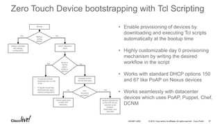 © 2016 Cisco and/or its affiliates. All rights reserved. Cisco Public
Zero Touch Device bootstrapping with Tcl Scripting
NoYes
Bootup
Startup-
config
exists?
DHCP discovery
starts
Bootup normally
with startup-
configuration
Yes No
Script or
cfg file
option
exists in
DHCP?
• If script found then
download and run the
script
• If Cfg file found then
download and apply
startup-configuration
Proceed to PnP
Server discovery
Device reaches out
to the PnP Server,
receives script
location,
downloads, and
executes
PnP
discovery
succeed?
No Yes
Device goes back
to retry PnP
discovery
• Enable provisioning of devices by
downloading and executing Tcl scripts
automatically at the bootup time
• Highly customizable day 0 provisioning
mechanism by writing the desired
workflow in the script
• Works with standard DHCP options 150
and 67 like PoAP on Nexus devices
• Works seamlessly with datacenter
devices which uses PoAP, Puppet, Chef,
DCNM
DEVNET-2052 47
 