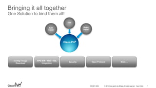 © 2016 Cisco and/or its affiliates. All rights reserved. Cisco Public
Bringing it all together
One Solution to bind them all!
Smart
Install
Auto
Install
CNS
Config / Image
Download
APIC EM / NSO / ODL
Integration
Security Open Protocol More….
DEVNET-2052 7
 
