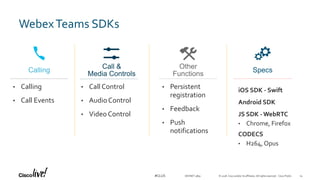 © 2018 Cisco and/or its affiliates. All rights reserved. Cisco Public#CLUS
Calling
• Calling
• Call Events
Specs
iOS SDK - Swift
Android SDK
JS SDK - WebRTC
• Chrome, Firefox
CODECS
• H264, Opus
Call &
Media Controls
• Call Control
• AudioControl
• VideoControl
Other
Functions
• Persistent
registration
• Feedback
• Push
notifications
WebexTeams SDKs
DEVNET-3891 14
 