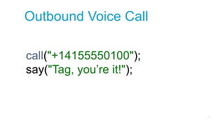 call("+14155550100");
say("Tag, you’re it!");
AskingOutbound Voice Call
 