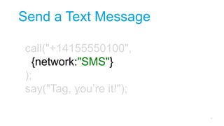 Asking a
Question
Send a Text Message
call("+14155550100",
{network:"SMS"}
);
say("Tag, you’re it!");
 