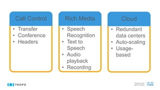 • Transfer
• Conference
• Headers
Call Control
• Speech
Recognition
• Text to
Speech
• Audio
playback
• Recording
Rich Media
• Redundant
data centers
• Auto-scaling
• Usage-
based
Cloud
 