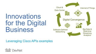 Leveraging Cisco APIs examples
Innovations
for the Digital
Business
Internet of Things
Big Data &
Real-time
Streaming
Analytics
Software Defined
Networking
Cloud &
Data Center
Digital Convergence
 