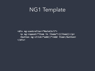 NG1 Template
<div ng-controller="MainCtrl">
<p ng-repeat="item in items">{{item}}</p>
<button ng-click="add()">Add item</button>
</div>
 