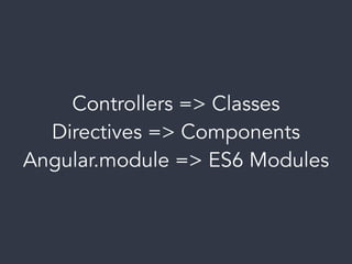 Controllers => Classes
Directives => Components
Angular.module => ES6 Modules
 